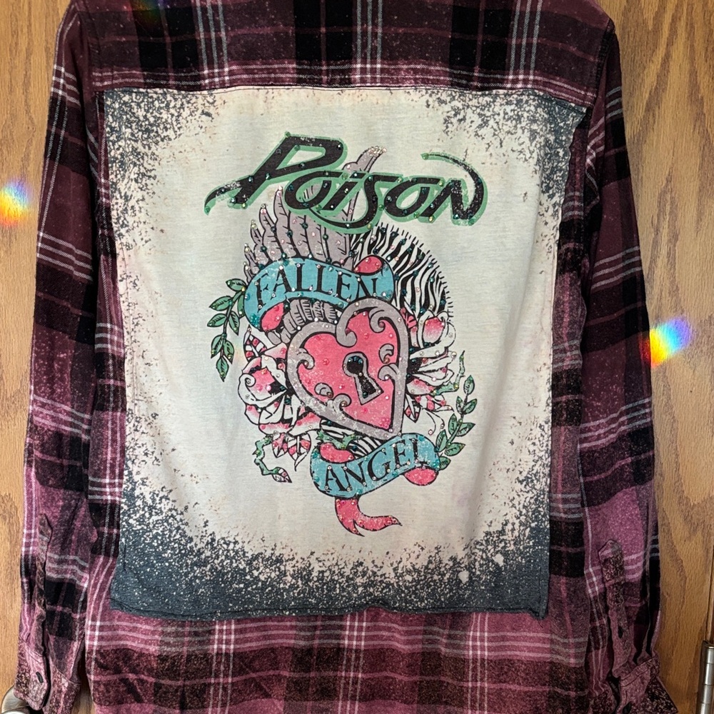 Plaid - Maroon and Black with bleach splatter and Poison patch homemade